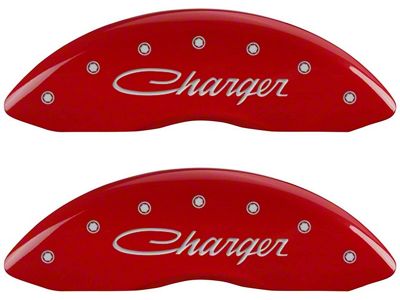 MGP Red Caliper Covers with Cursive Charger Logo; Front and Rear (06-10 Charger Daytona R/T, R/T)