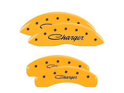 MGP Yellow Caliper Covers with Cursive Charger Logo; Front and Rear (06-14 Charger SRT8; 2016 Charger SRT 392)