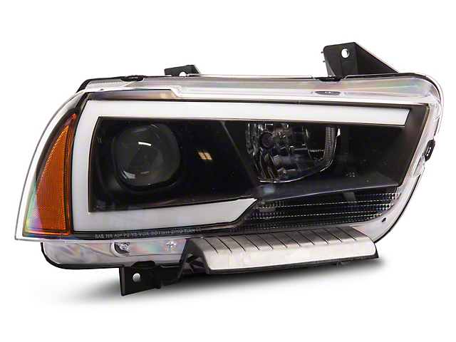 LED DRL Projector Headlights with Amber Corners; Black Housing; Clear Lens (11-14 Charger w/ Factory Halogen Headlights)