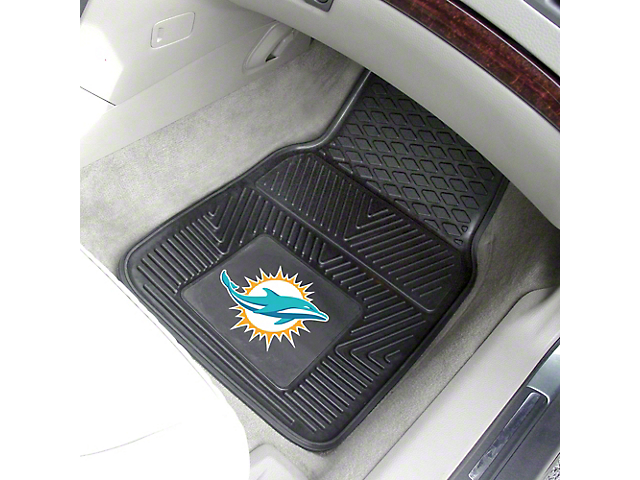 Vinyl Front Floor Mats with Miami Dolphins Logo; Black (Universal; Some Adaptation May Be Required)